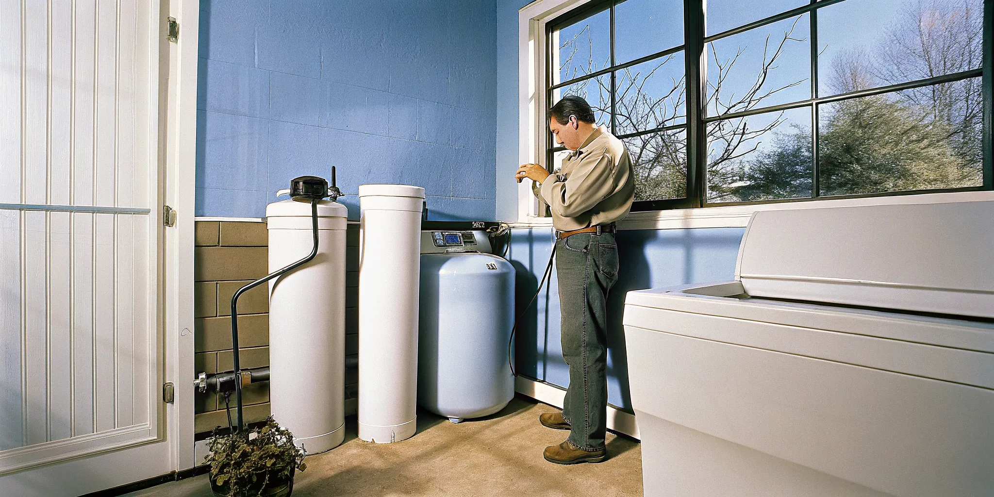 Water treatment professional inspecting a residential water softener